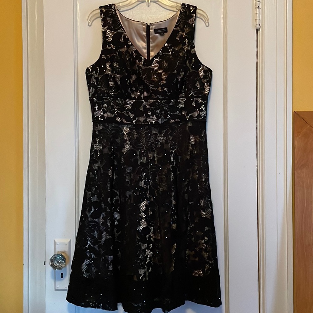 Tahari cocktail dress, black lace with beige satin lining. Size 14